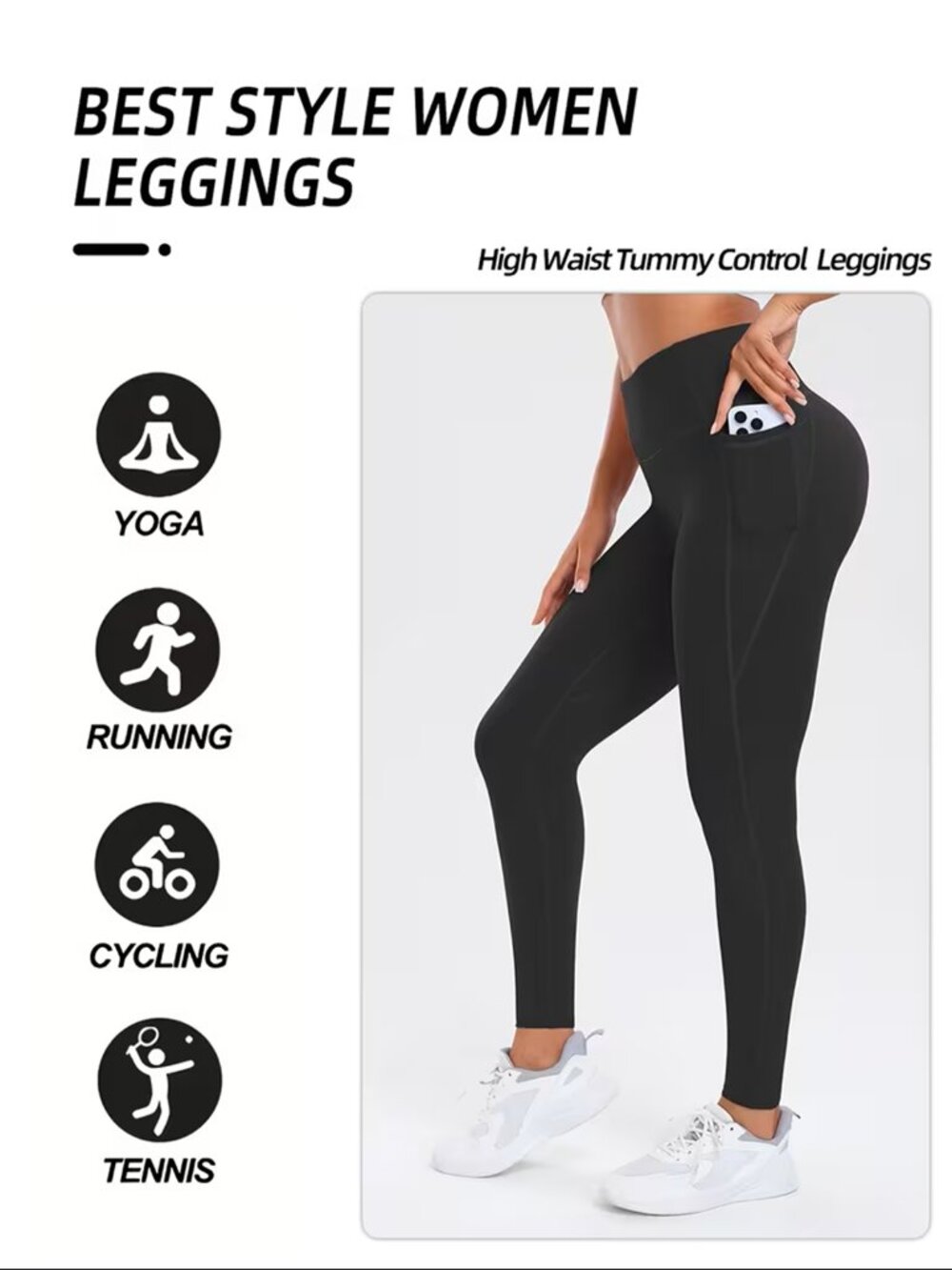 Womens High Waist Tummy Control Full-Length Yoga Leggings w/Pockets Black Large